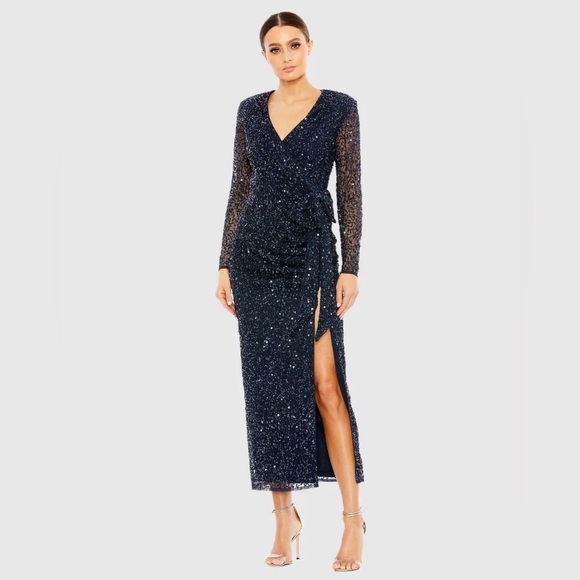Mac Duggal Long Sleeve V Neck Sequin Dress 10558